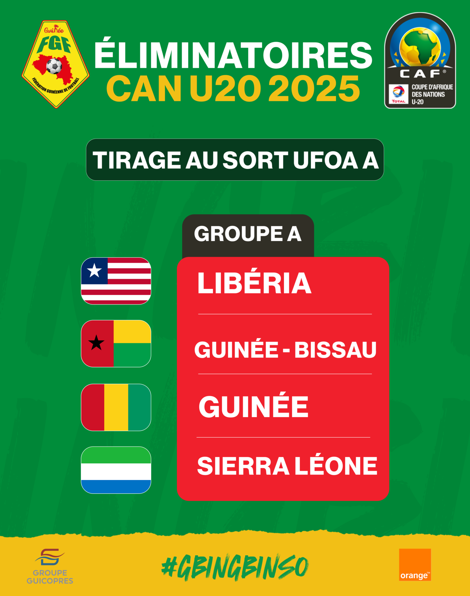 Calendrier du Syli National U20 au tournoi UFOA A qualificatif à la prochaine CAN U20 FEGUIFOOT